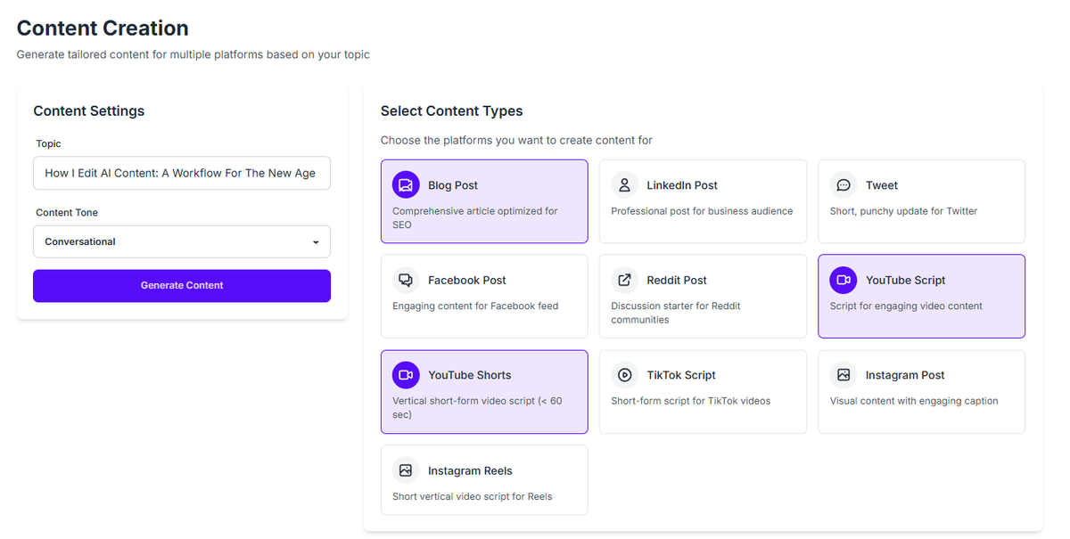 Trendly AI content creation interface