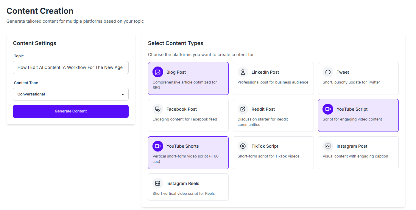 TrendlyAI Content Creation Interface